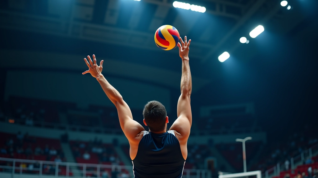 لاعب كرة طائرة ينفذ حركة متقدمة من الضرب والصد في مباراة حقيقية